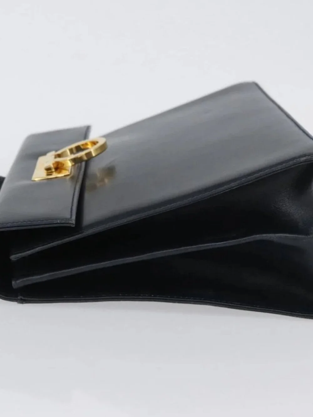 Salvatore Ferragamo Gancini Hand Bag Leather 2way Navy Gold Auth AMZ378
